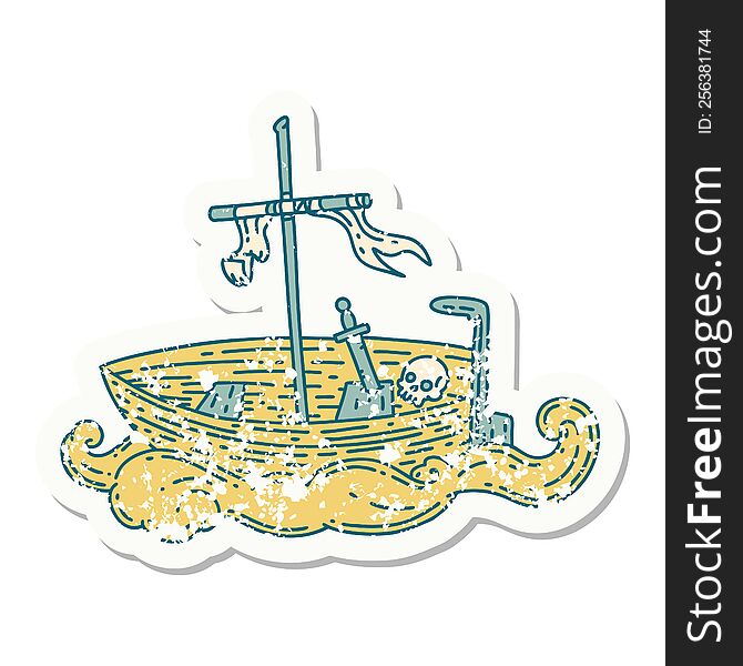 Grunge Sticker Of Tattoo Style Empty Boat With Skull