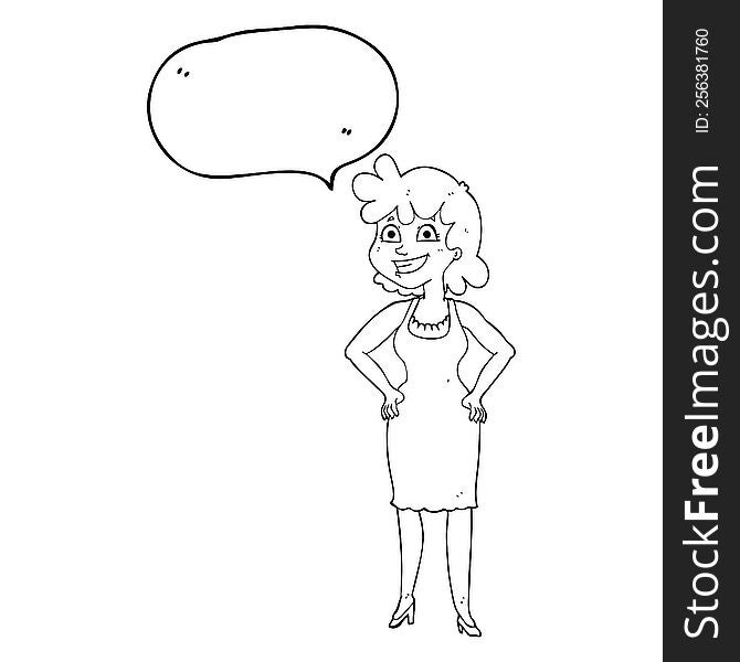freehand drawn speech bubble cartoon happy woman wearing dress