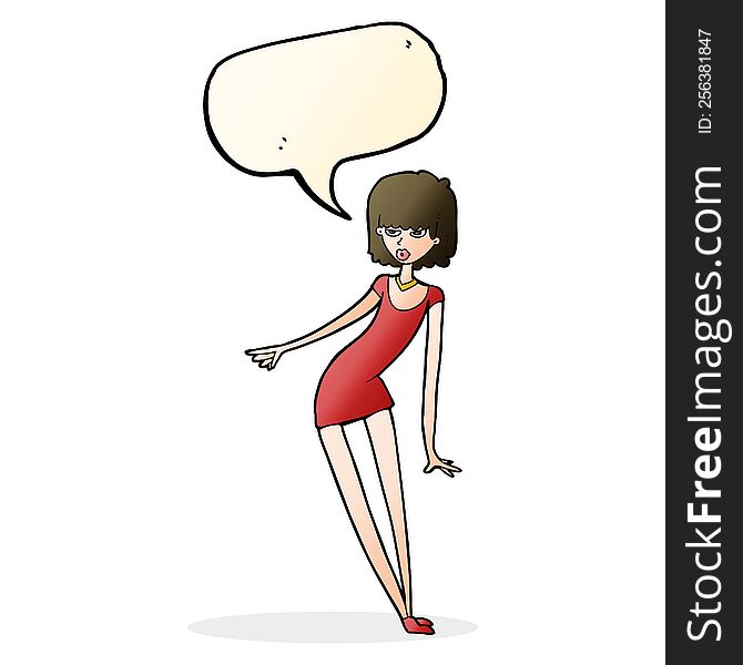 cartoon woman in dress leaning with speech bubble