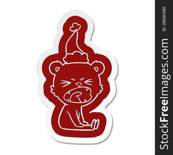 angry quirky cartoon  sticker of a bear wearing santa hat