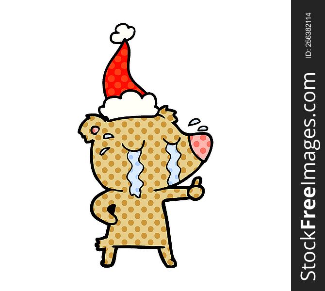 Comic Book Style Illustration Of A Crying Bear Wearing Santa Hat