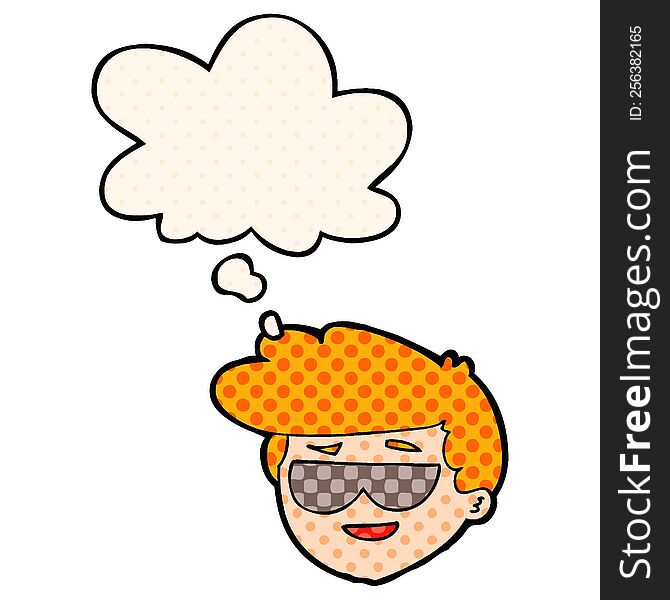 cartoon boy wearing sunglasses with thought bubble in comic book style