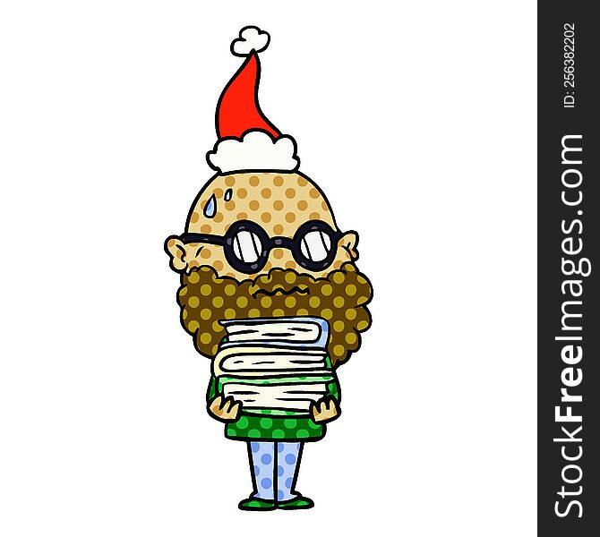 hand drawn comic book style illustration of a worried man with beard and stack of books wearing santa hat