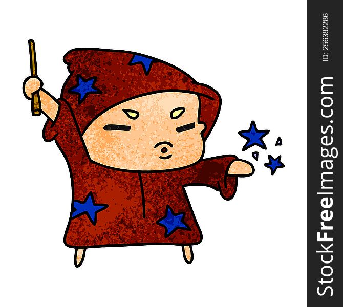 textured cartoon illustration  cute kawaii wizard child. textured cartoon illustration  cute kawaii wizard child