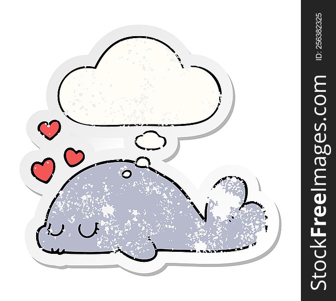cute cartoon dolphin with thought bubble as a distressed worn sticker
