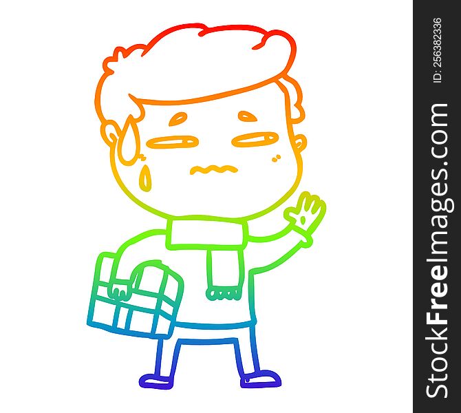rainbow gradient line drawing of a cartoon anxious man with christmas gift