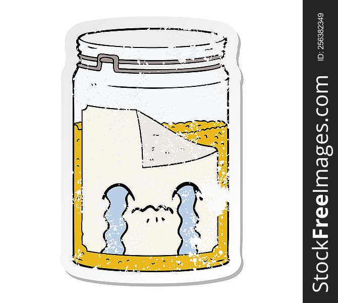 Distressed Sticker Of A Cartoon Glass Jar Crying