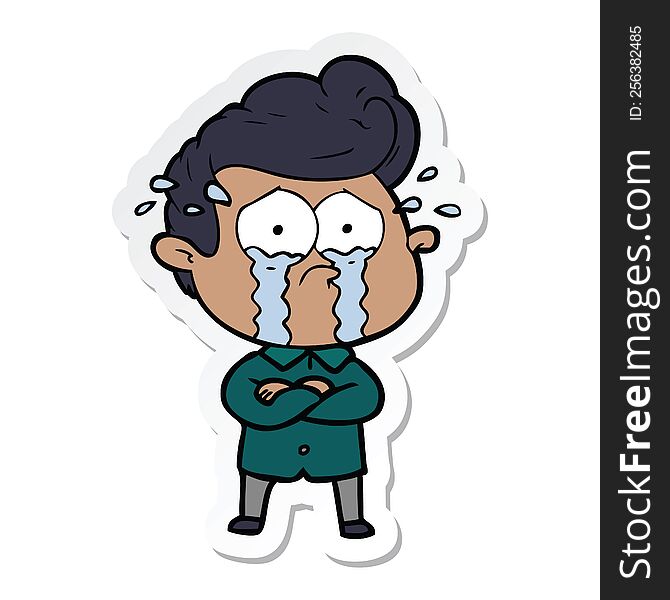 Sticker Of A Cartoon Crying Man With Crossed Arms