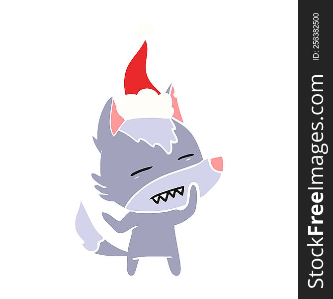 hand drawn flat color illustration of a wolf showing teeth wearing santa hat