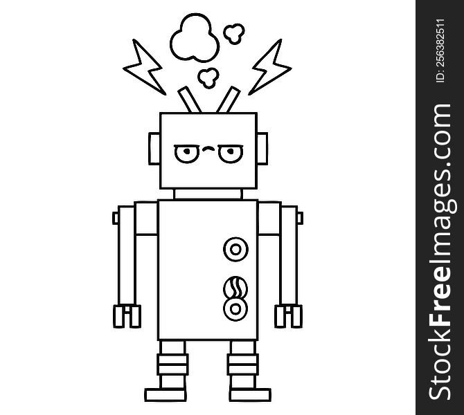 Line Drawing Cartoon Malfunctioning Robot