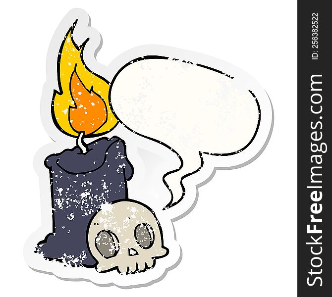 cartoon skull and candle with speech bubble distressed distressed old sticker. cartoon skull and candle with speech bubble distressed distressed old sticker