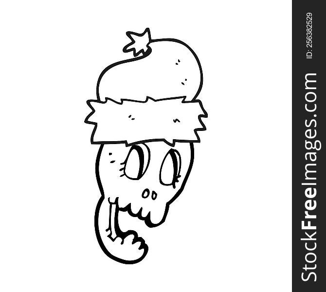 freehand drawn black and white cartoon christmas hat on skull