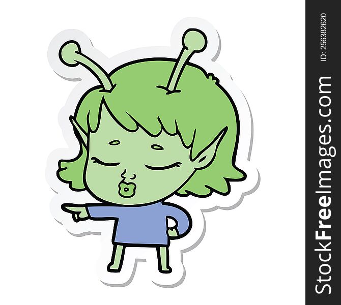 Sticker Of A Cute Alien Girl Cartoon Pointing