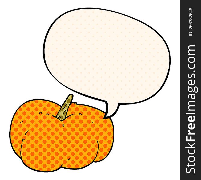 cartoon pumpkin squash with speech bubble in comic book style