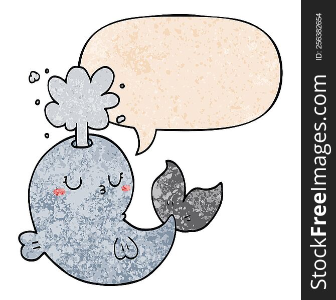 cartoon whale spouting water with speech bubble in retro texture style