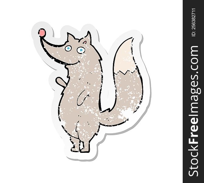 Retro Distressed Sticker Of A Cartoon Waving Wolf