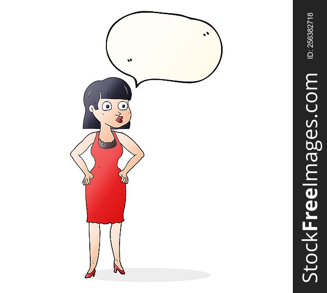 speech bubble cartoon woman in dress with hands on hips