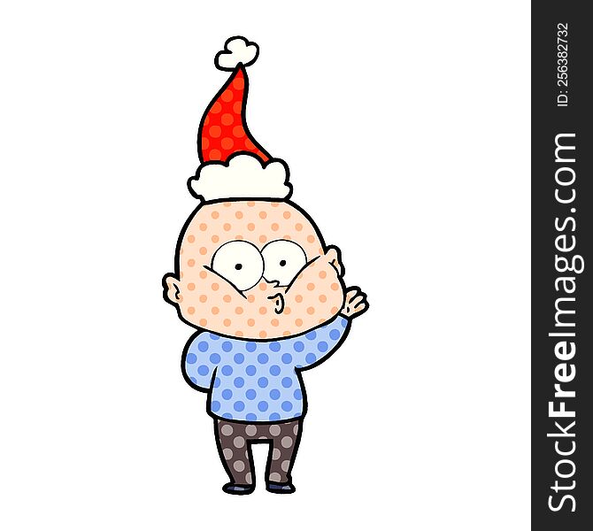 Comic Book Style Illustration Of A Bald Man Staring Wearing Santa Hat