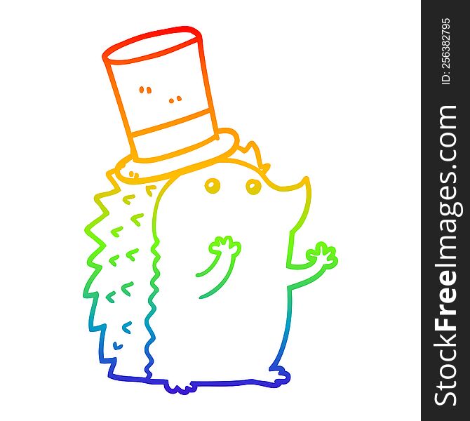 Rainbow Gradient Line Drawing Cartoon Hedgehog Wearing Hat
