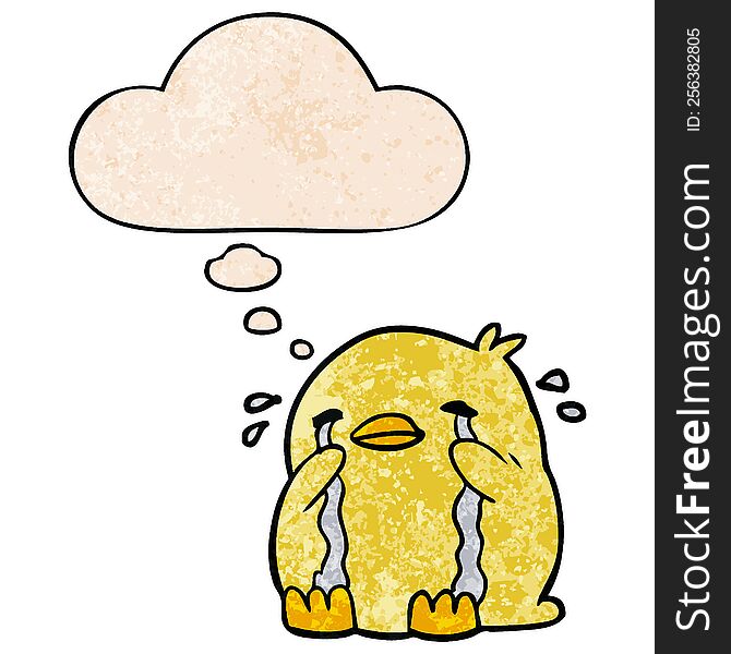 Cartoon Crying Bird And Thought Bubble In Grunge Texture Pattern Style