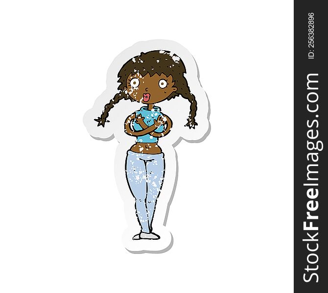 retro distressed sticker of a cartoon offended woman covering herself