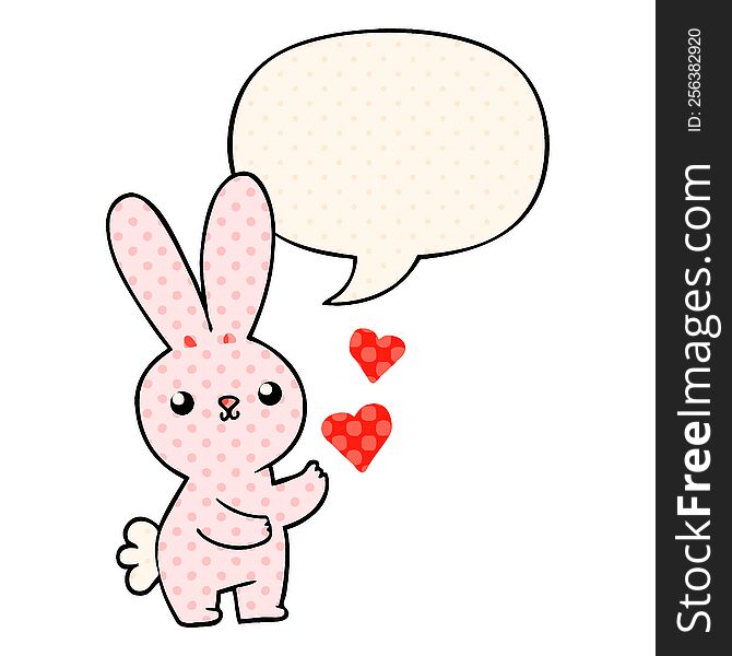 cute cartoon rabbit with love hearts with speech bubble in comic book style. cute cartoon rabbit with love hearts with speech bubble in comic book style