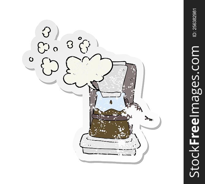 retro distressed sticker of a cartoon drip filter coffee maker