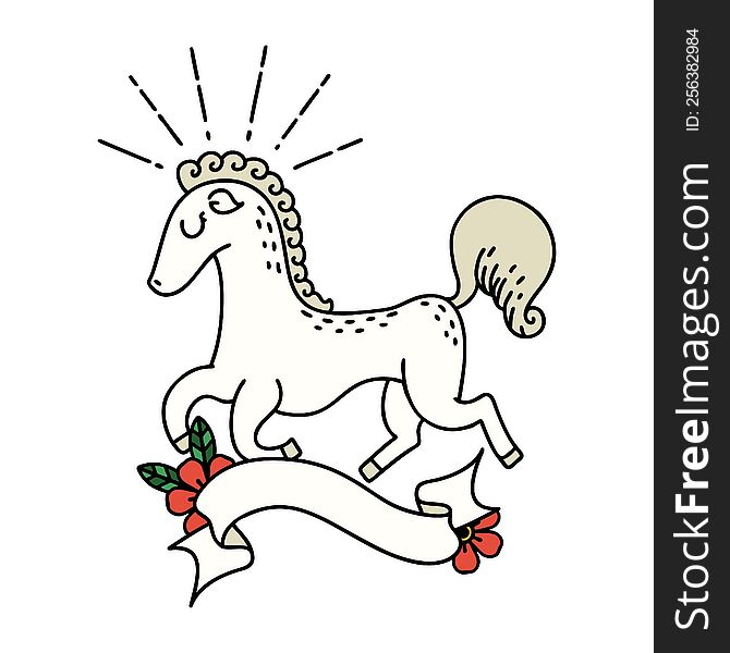 scroll banner with tattoo style prancing stallion