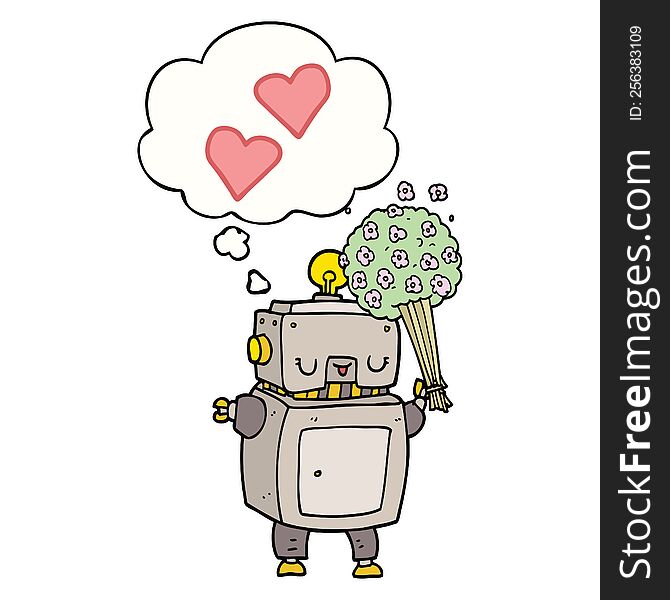 cartoon robot in love with thought bubble. cartoon robot in love with thought bubble