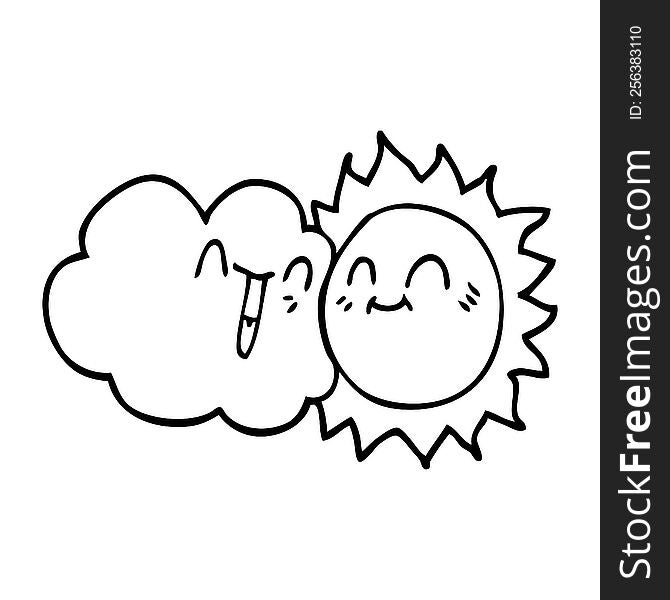 line drawing cartoon happy sun and cloud