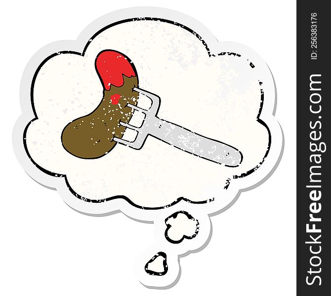 cartoon sausage on fork with thought bubble as a distressed worn sticker