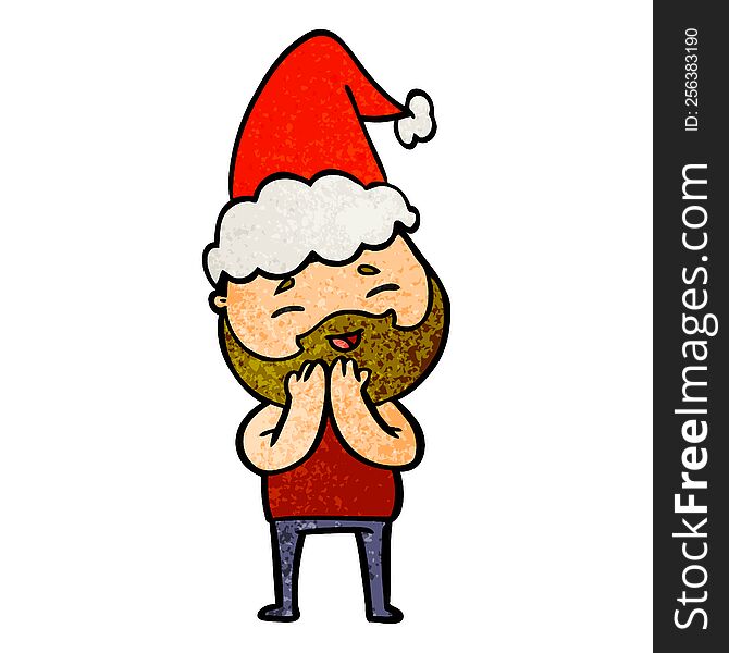 hand drawn textured cartoon of a happy bearded man wearing santa hat