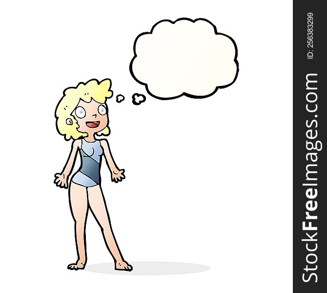 cartoon woman in swimming costume with thought bubble