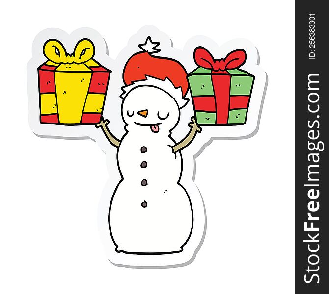 sticker of a cartoon snowman with present