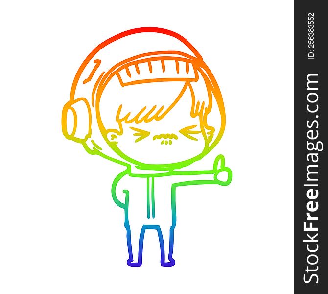 rainbow gradient line drawing of a annoyed cartoon space girl giving thumbs up sign