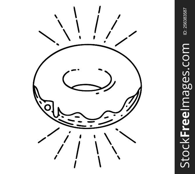 illustration of a traditional black line work tattoo style iced donut