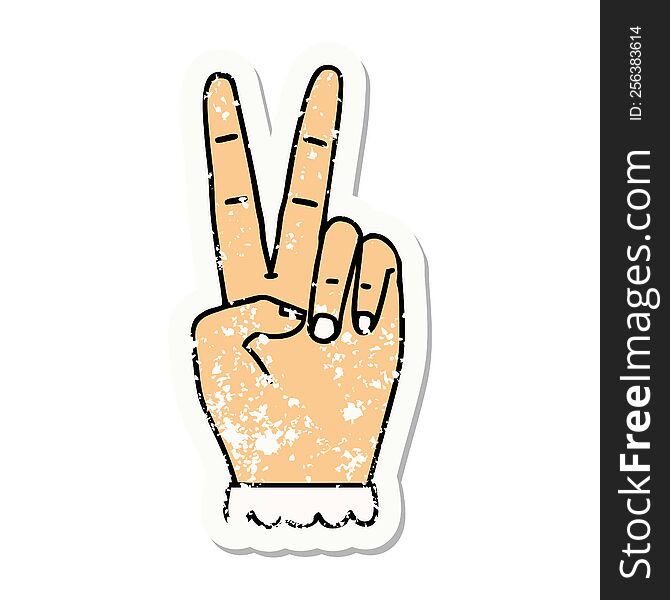 grunge sticker of a peace symbol two finger hand gesture. grunge sticker of a peace symbol two finger hand gesture
