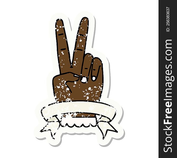 Retro Tattoo Style peace two finger hand gesture with banner. Retro Tattoo Style peace two finger hand gesture with banner