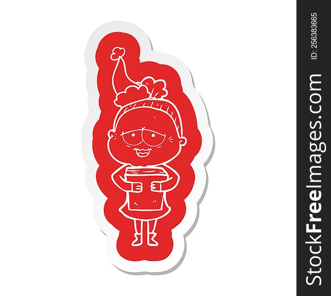 Cartoon  Sticker Of A Happy Old Lady Wearing Santa Hat