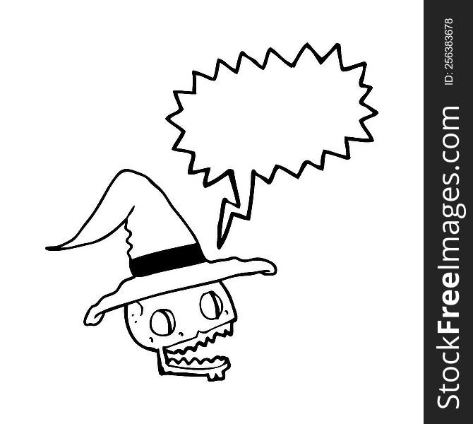 freehand drawn speech bubble cartoon skulll wearing witch hat. freehand drawn speech bubble cartoon skulll wearing witch hat