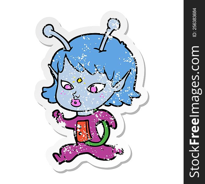 Distressed Sticker Of A Pretty Cartoon Alien Girl Running