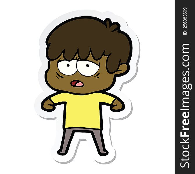 sticker of a cartoon exhausted boy