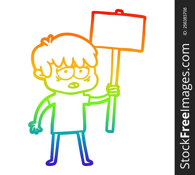 rainbow gradient line drawing of a cartoon exhausted boy with placard