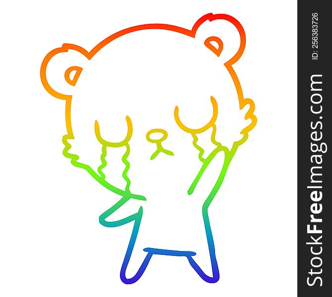 Rainbow Gradient Line Drawing Crying Cartoon Bear Waving