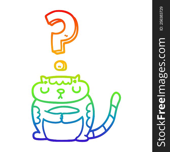 rainbow gradient line drawing of a cartoon cat with question mark