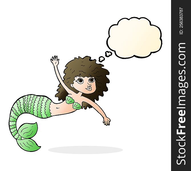 Cartoon Pretty Mermaid Waving With Thought Bubble