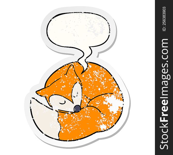 cartoon sleeping fox with speech bubble distressed distressed old sticker. cartoon sleeping fox with speech bubble distressed distressed old sticker