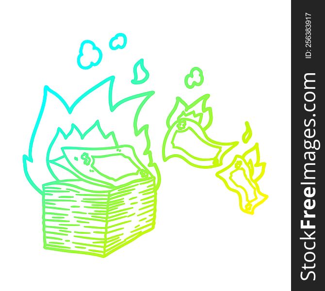 cold gradient line drawing of a burning money cartoon