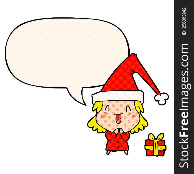 cartoon girl wearing christmas hat with speech bubble in comic book style