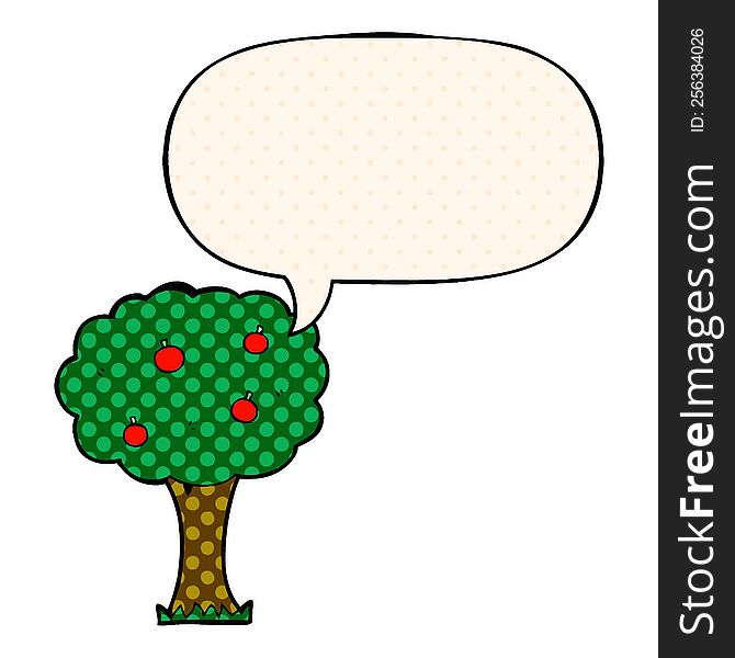 Cartoon Apple Tree And Speech Bubble In Comic Book Style